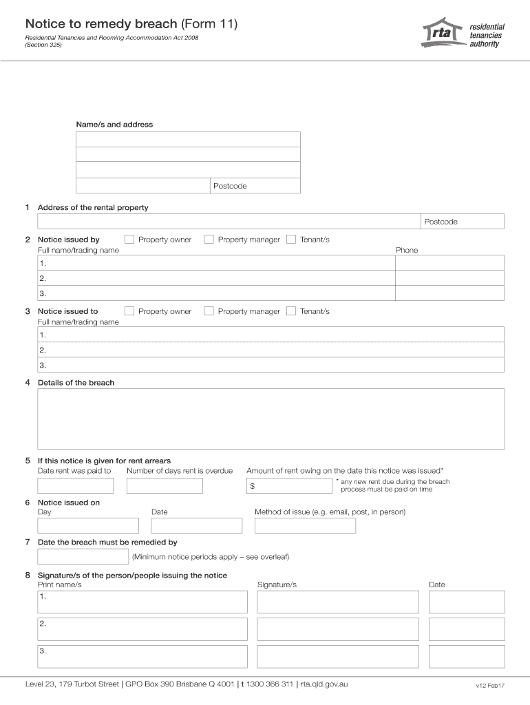 Notice to Remedy Breach Form 11 Residential Tenancies 2017-2025